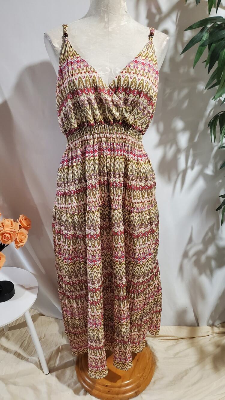 Mlle Gabrielle Smocked Beaded Strap Tiered Maxi Dress Size 1X Hippe Boho Print